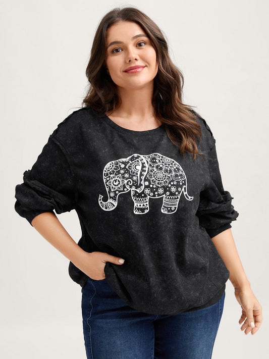 Vintage Elephant Motif Waffle Woven Sweatshirt