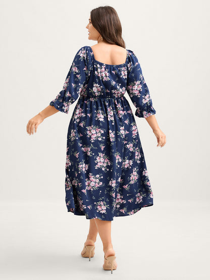 Floral Stretchy Waist Ruffled Midi Dress