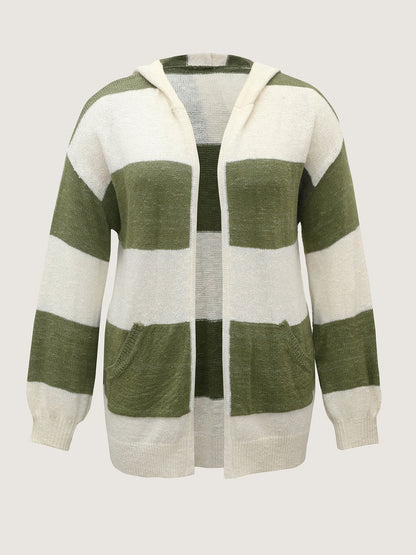 Textured Color Stripes Hooded Knit Cardigan