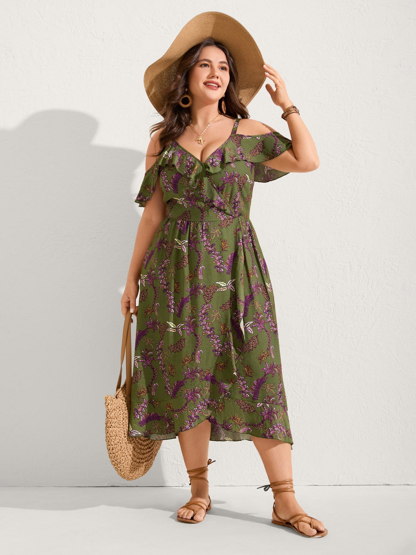Boho Floral Ruffled Off-Shoulder Midi Dress