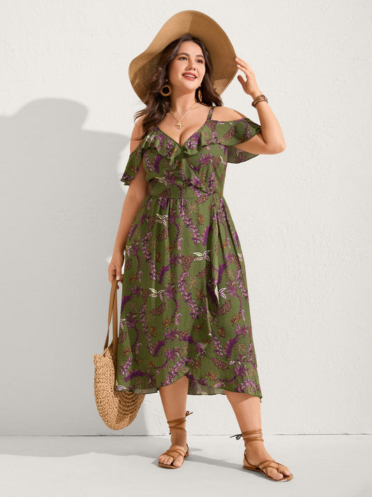Boho Floral Ruffled Off-Shoulder Midi Dress