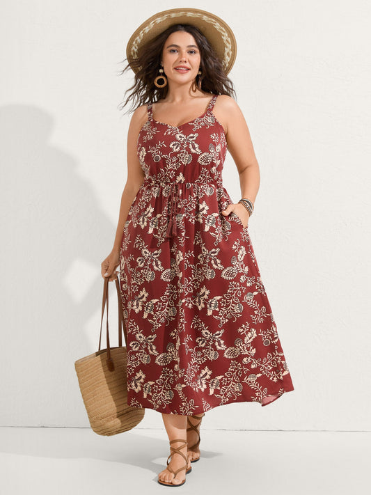 Floral Waist-Tie Pockets Midi Dress
