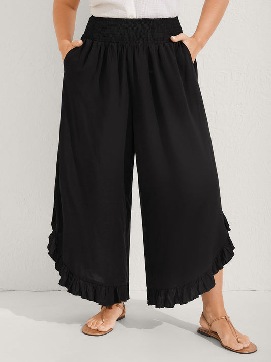 Ruffled Curvy Hem Wide-Leg Pants