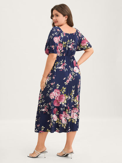 Rosy Print Pleated Bust Ease Midi Dress