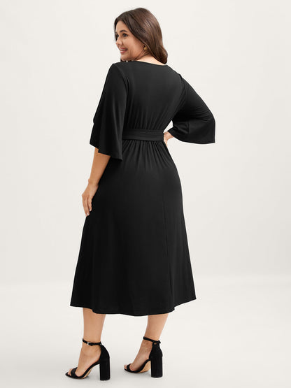 Petal Sleeve Belted Waist-Defining Midi Dress