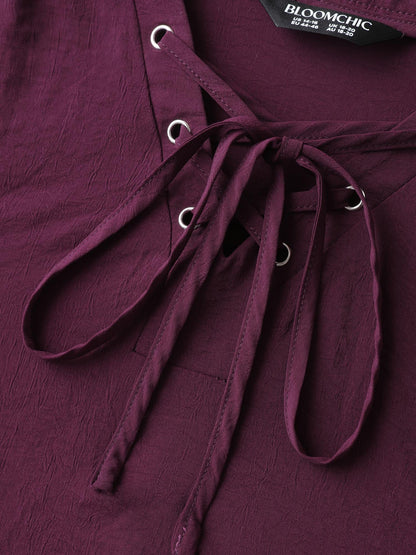 Adjustable Sleeve Neck Tie-Up Solid Blouse