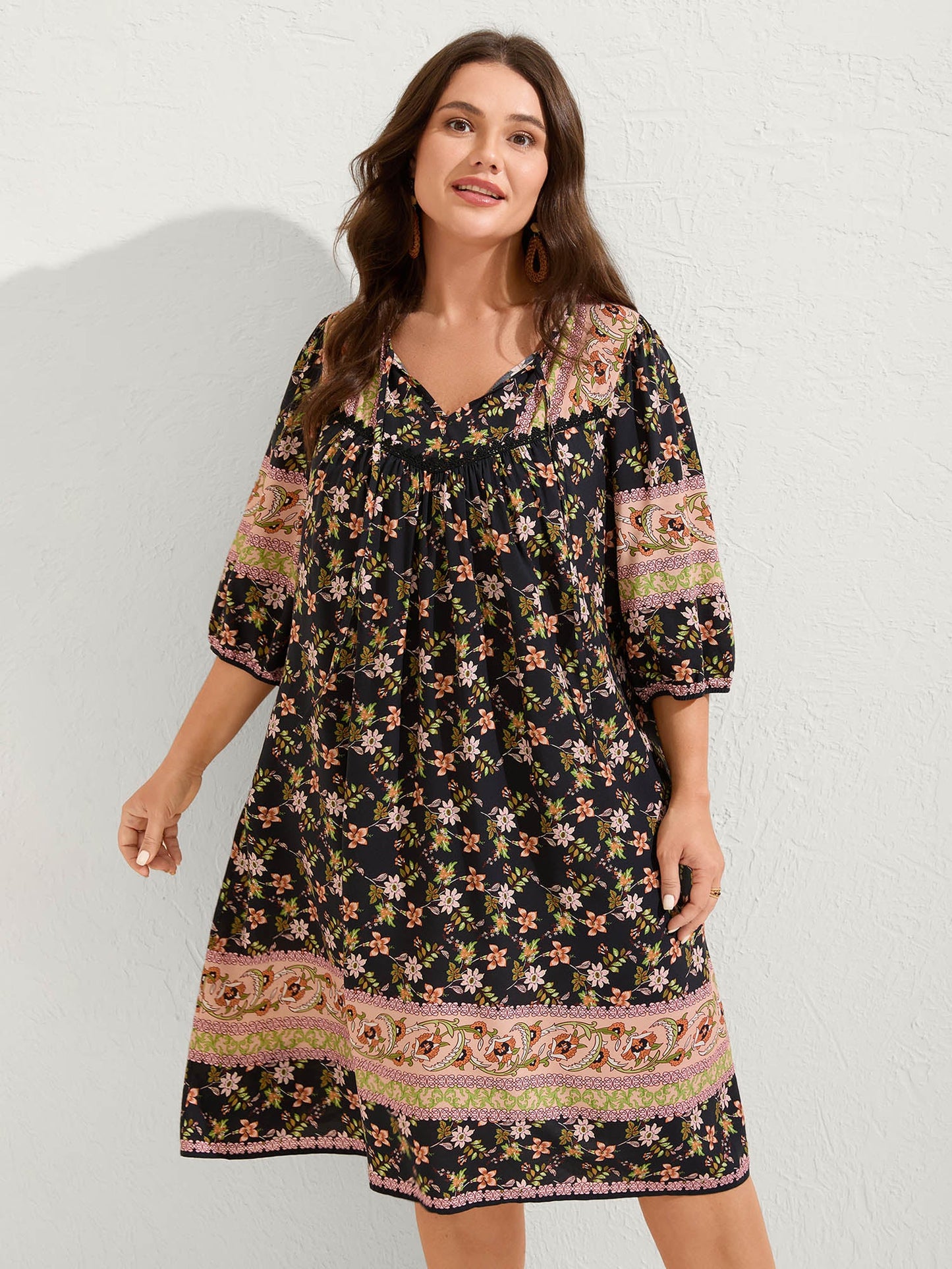 Floral Print Puffy Sleeve Pleated Midi Dress