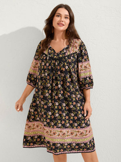 Floral Print Puffy Sleeve Pleated Midi Dress