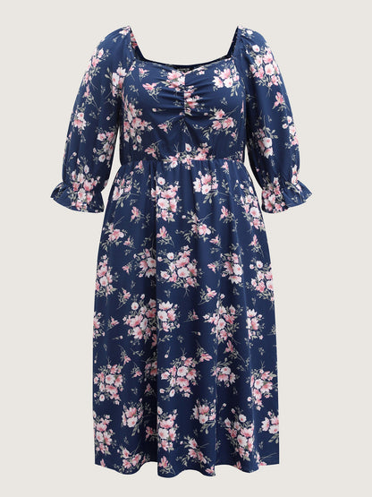 Floral Stretchy Waist Ruffled Midi Dress
