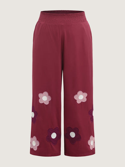Floral Applique Embroidery Wide-Leg Pants