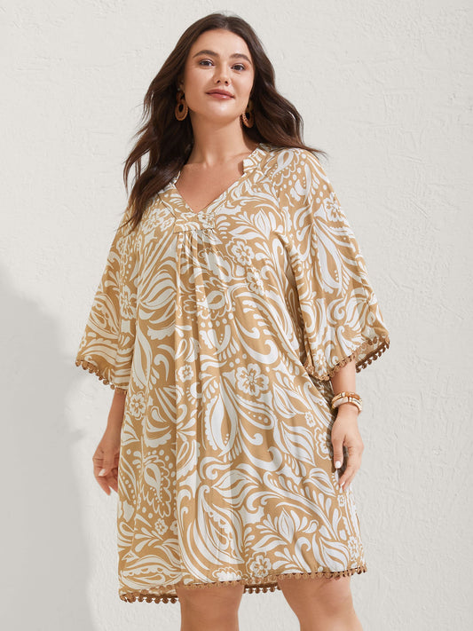 Paisley Print Notched Collar Lace Midi Dress