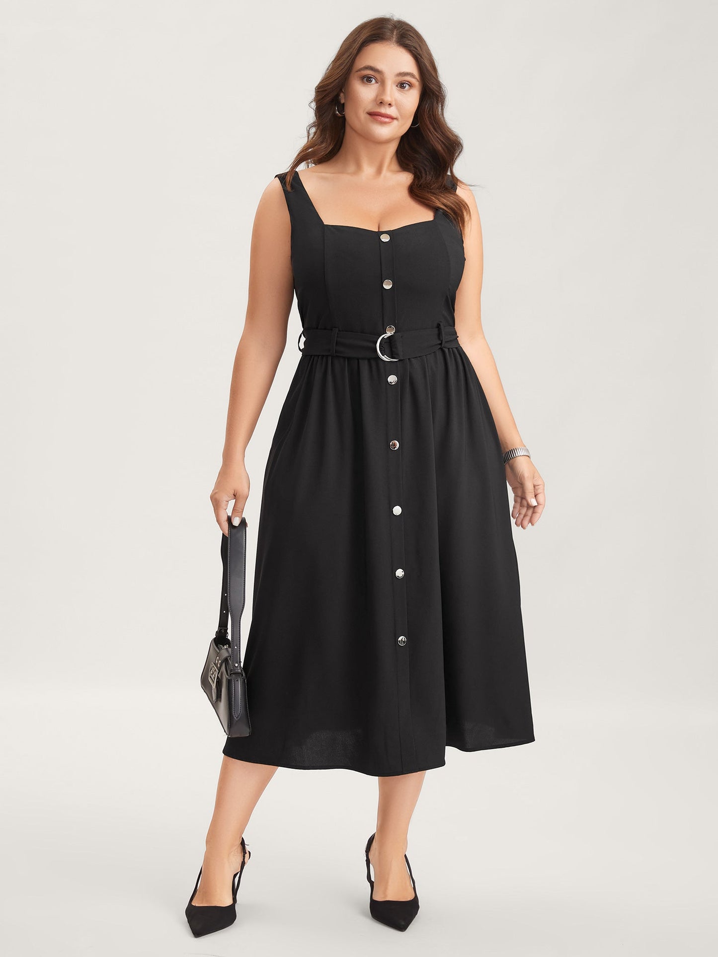 Metal Buckle Button Front Midi Dress