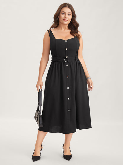 Metal Buckle Button Front Midi Dress