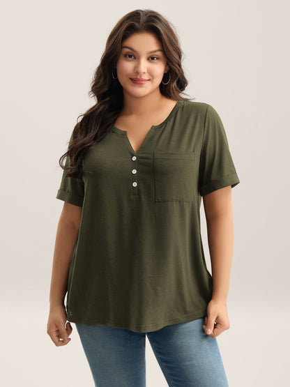 Solid Split Neck Button Detail T-Shirt