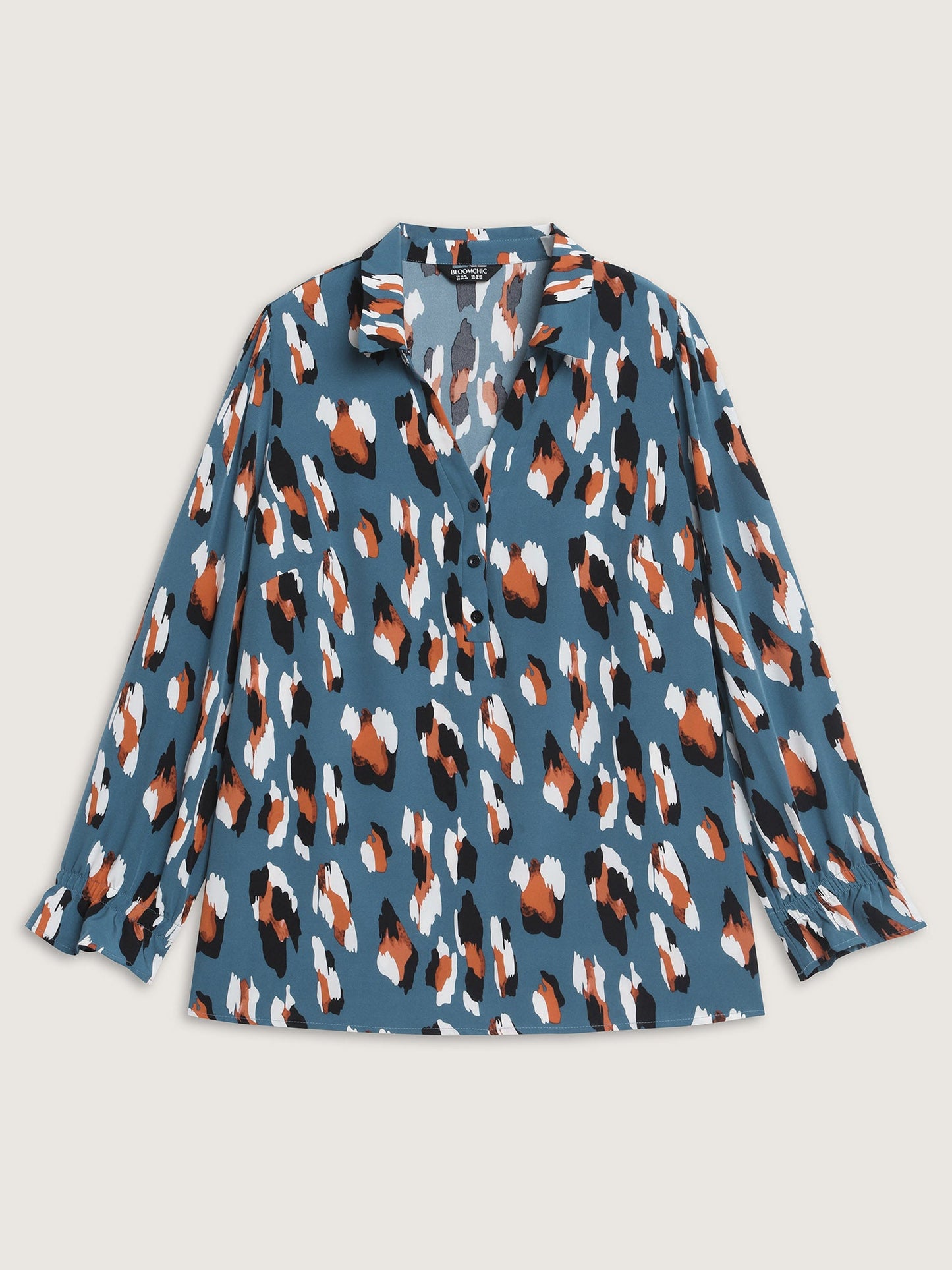 Colorful Leopard Stretchy Cuffs Lapel Collar Blouse