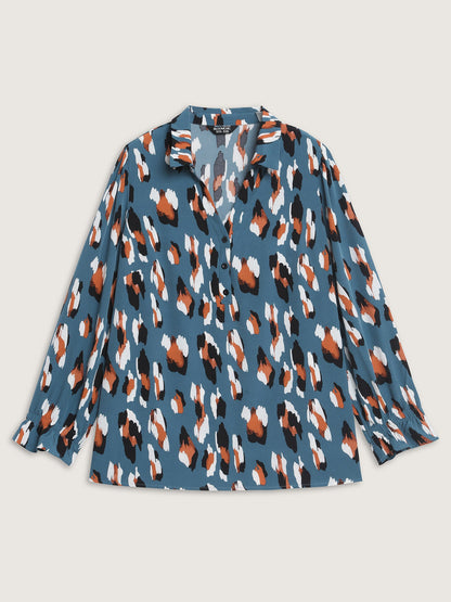 Colorful Leopard Stretchy Cuffs Lapel Collar Blouse