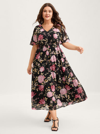 Sweet Floral Shirred Waist Cinched Midi Dress