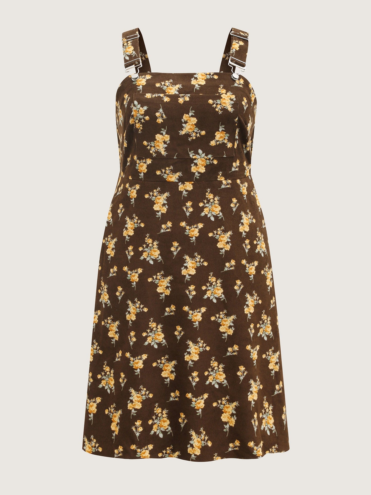 Floral Corduroy Pockets Overall Midi Dress