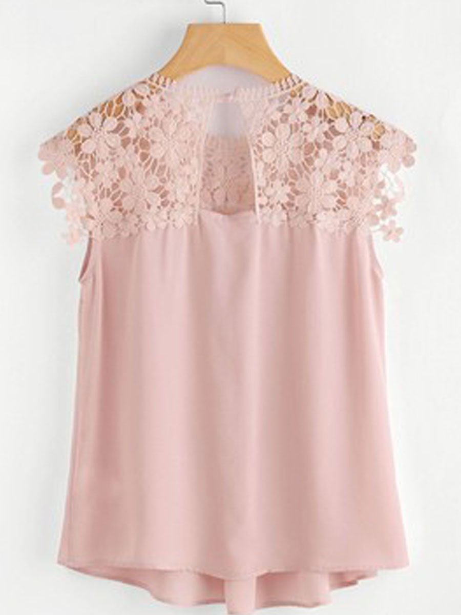 Round Neck  Decorative Lace See-Through Tops