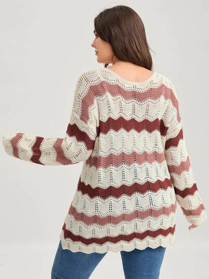 Wavy Textured Stripes Cut-Out Lightweight Pullover