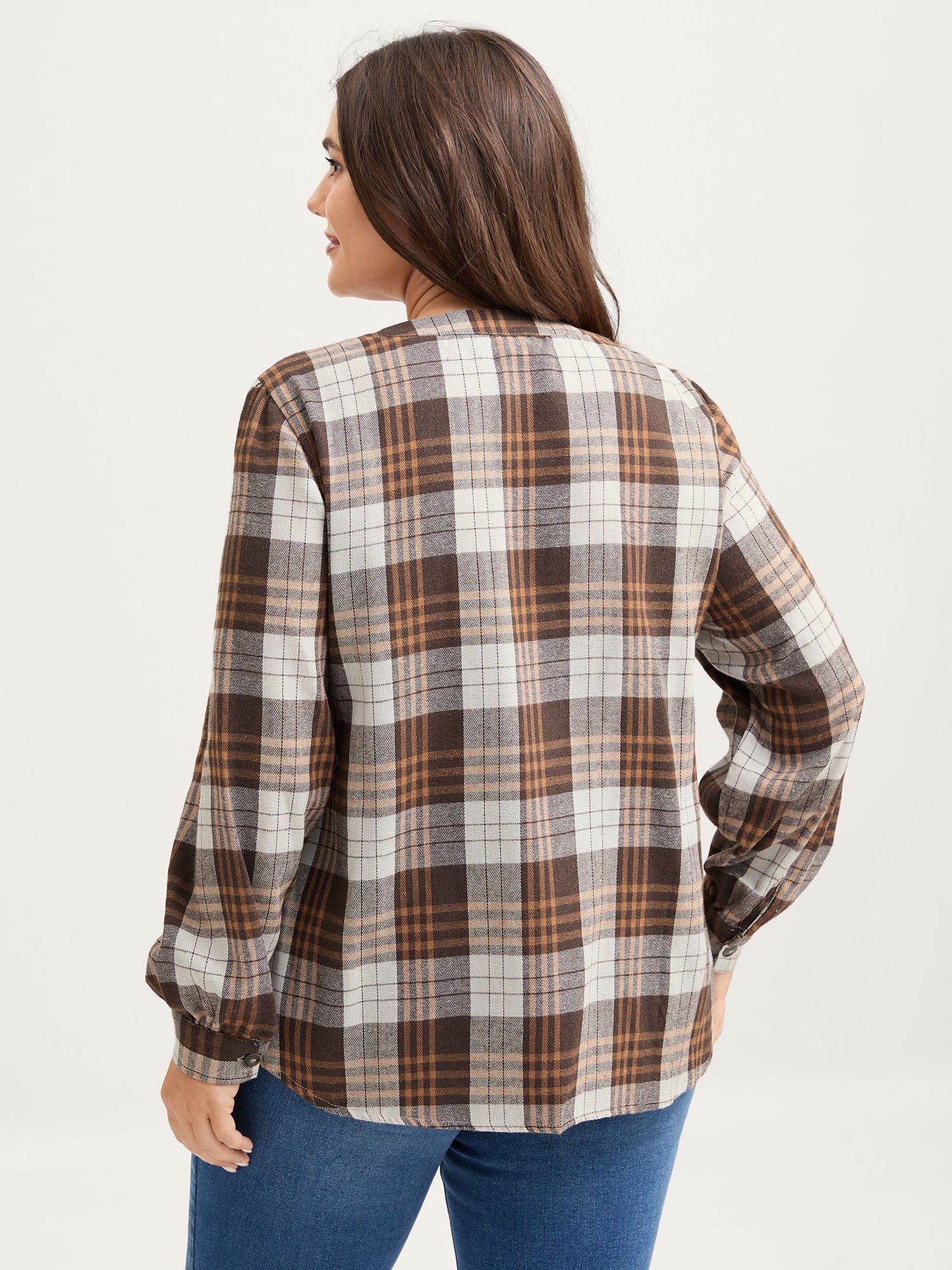 Plaid Print Button Placket Curvy Hem Blouse