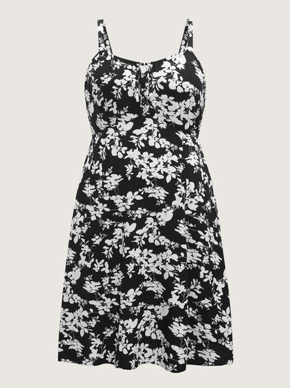 Floral Print Neck Tie Midi Dress