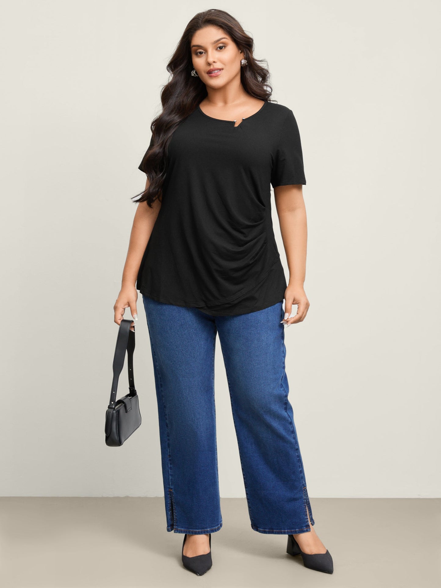 Supersoft Neckline Metal Cuff Pleated Solid Top