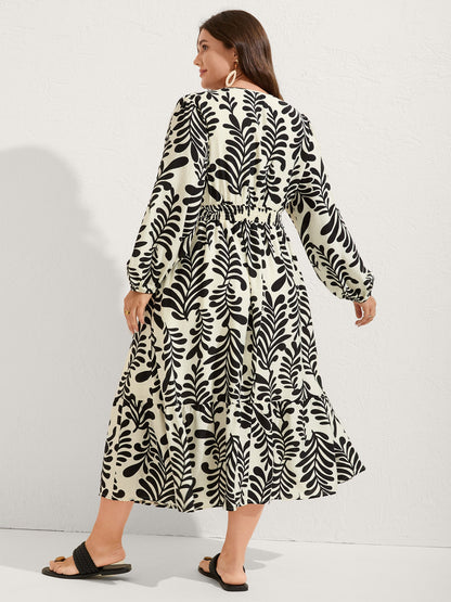 Leafy Print Shirred Waist Midi Dress