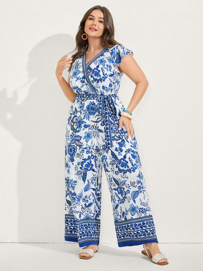 Boho Print Surplice Neck Belted Jumpsuit