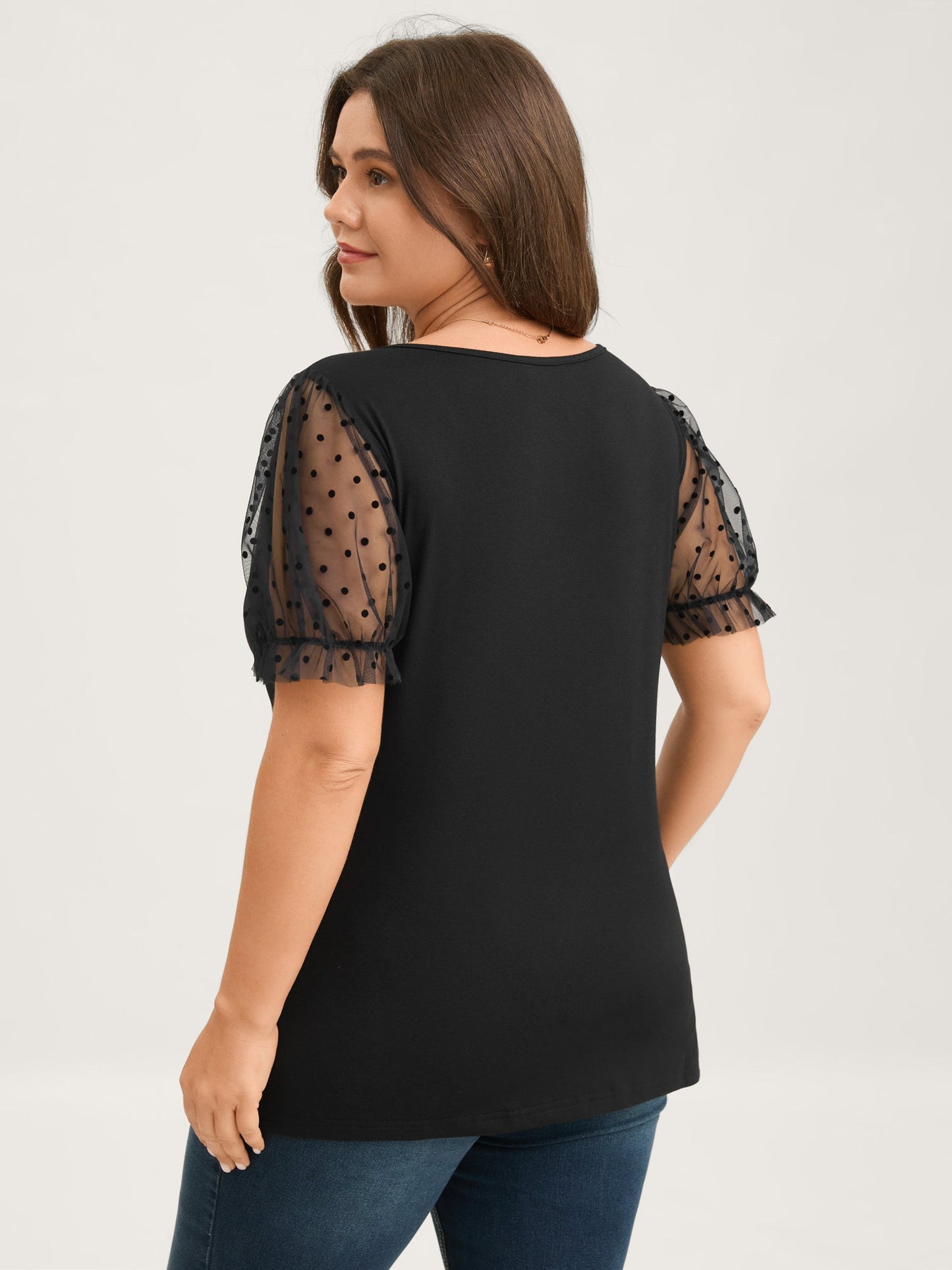 Stretchy Sheer Textured Sleeve Solid T-Shirt