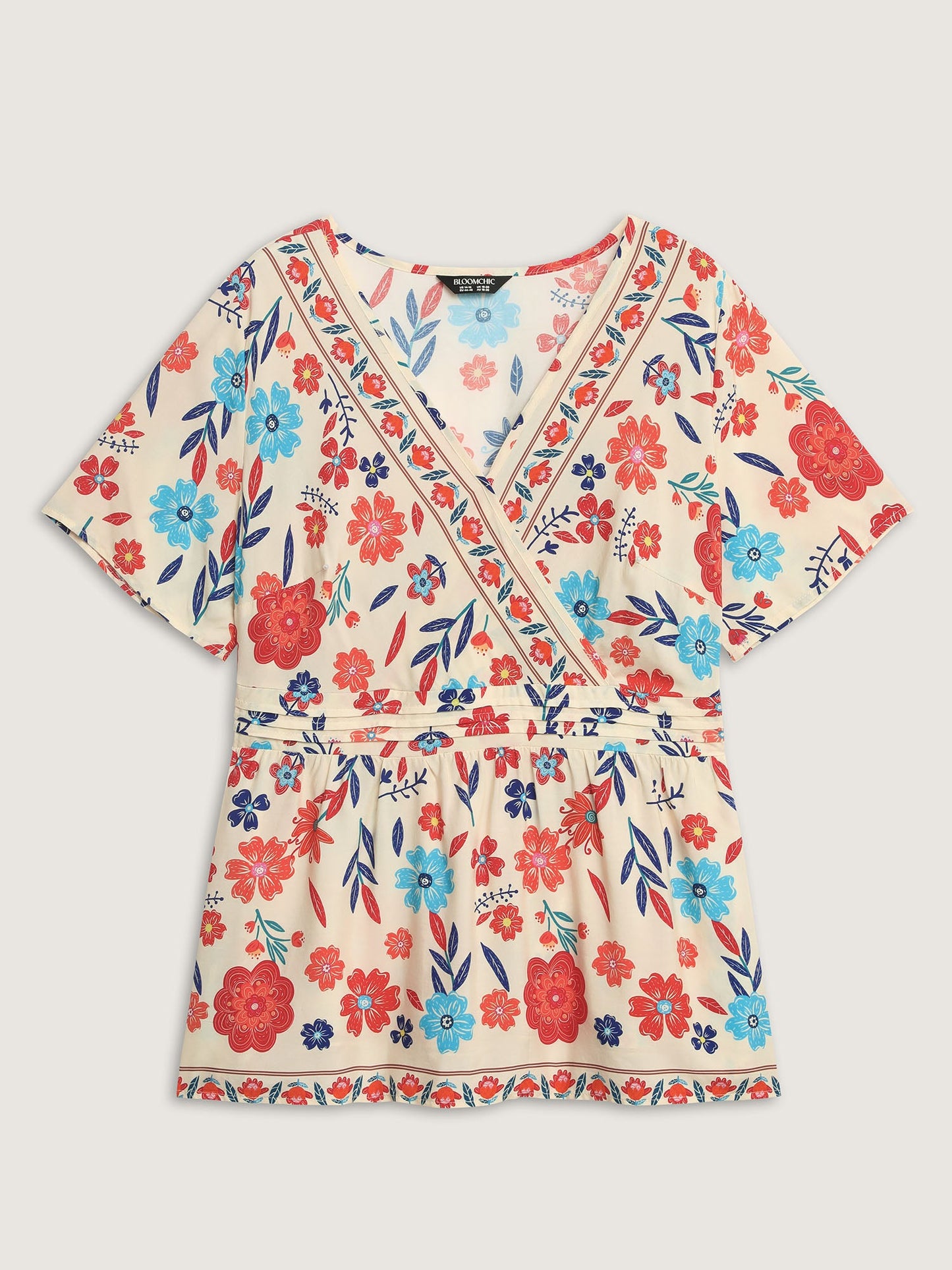 Floral Print Pleated Waist Surplice Blouse