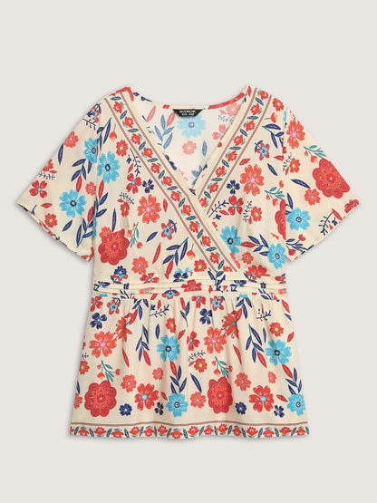 Floral Print Pleated Waist Surplice Blouse