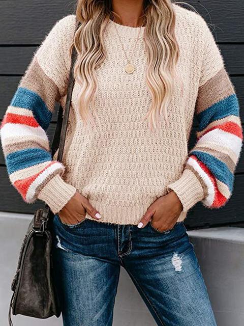 Striped Pattern Sleeve Crew Neck Pullover Sweater
