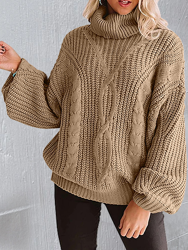 Women's Long Sleeve Turtleneck Chunky Knit Loose Sweater