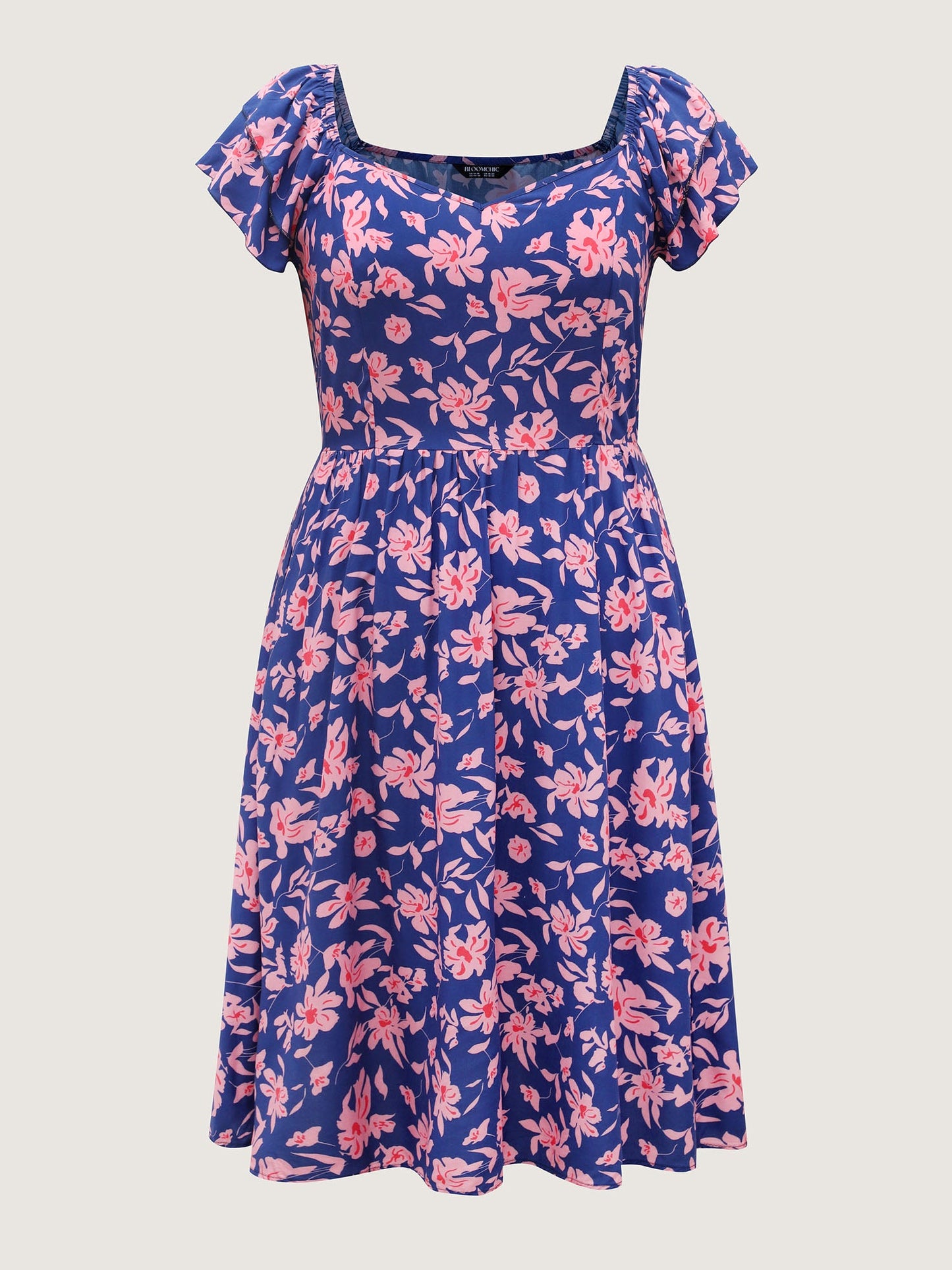 Rayon Silhouette Flower Ruffled Sleeve Midi Dress