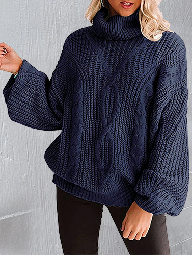 Women's Long Sleeve Turtleneck Chunky Knit Loose Sweater