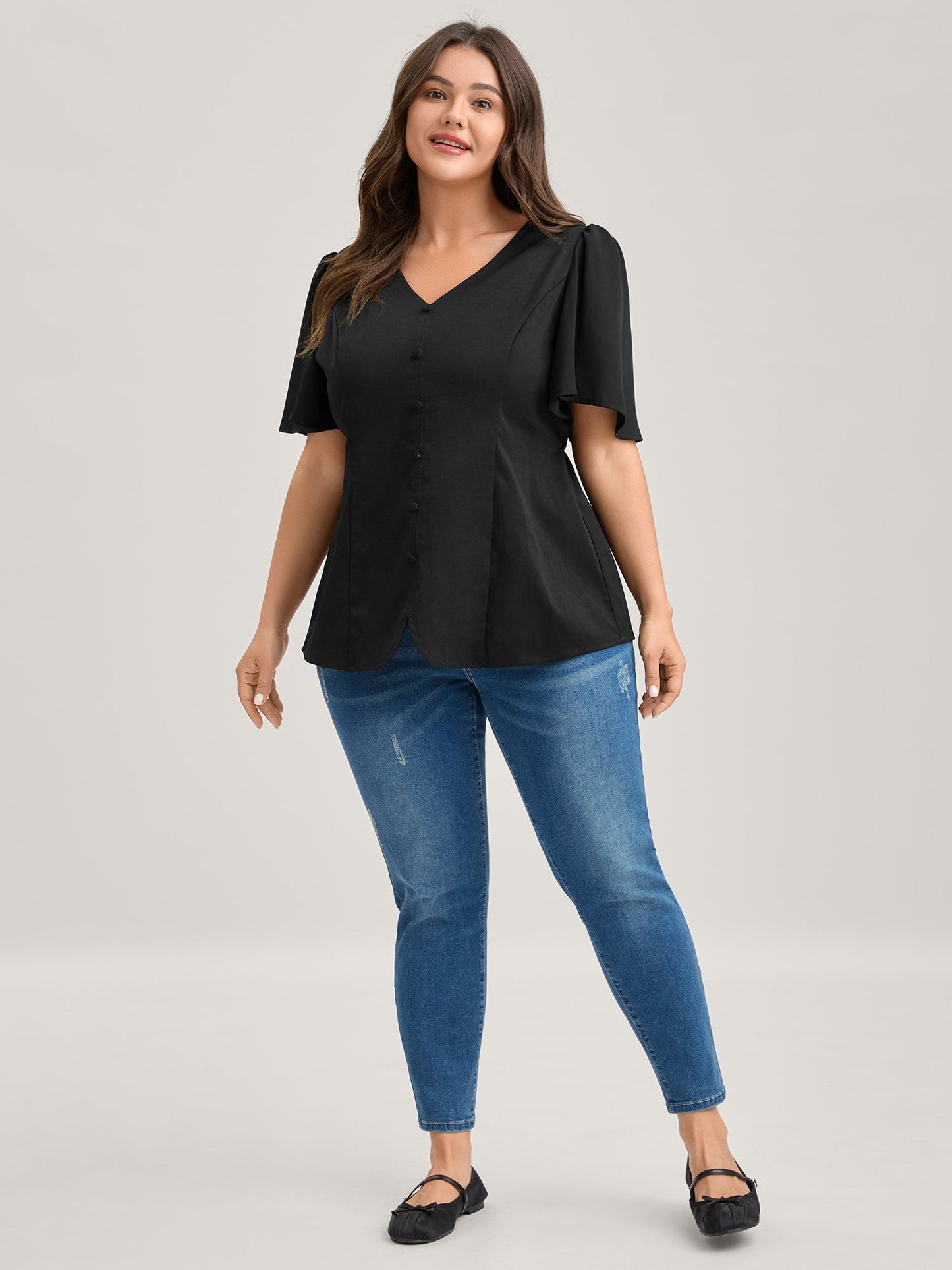 Cinched Flared Waist Button Detail Blouse