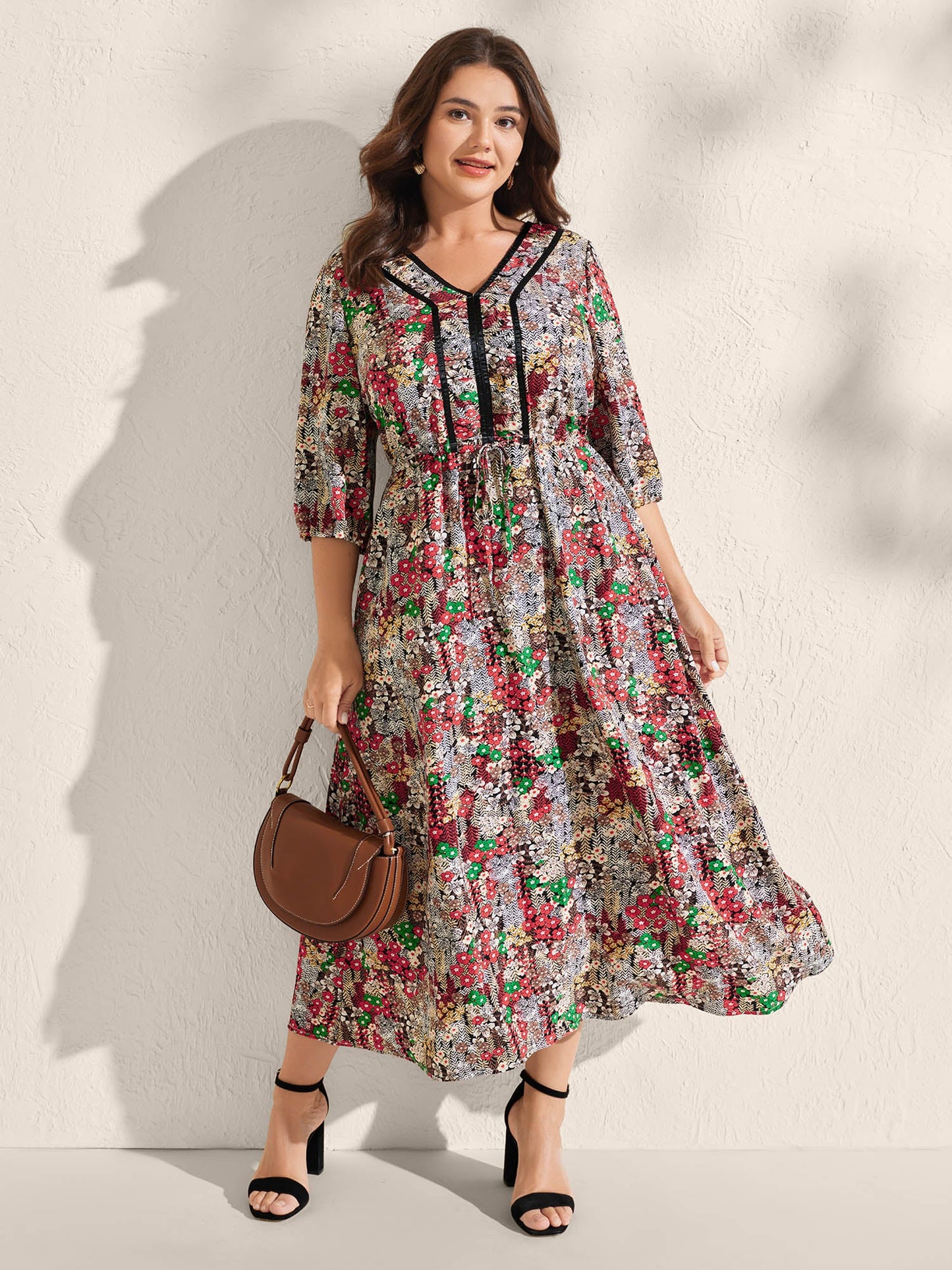 Floral Print Drawstring Waist Pockets Midi Dress