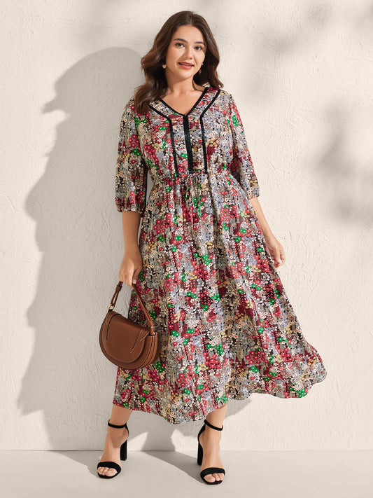 Floral Print Drawstring Waist Pockets Midi Dress