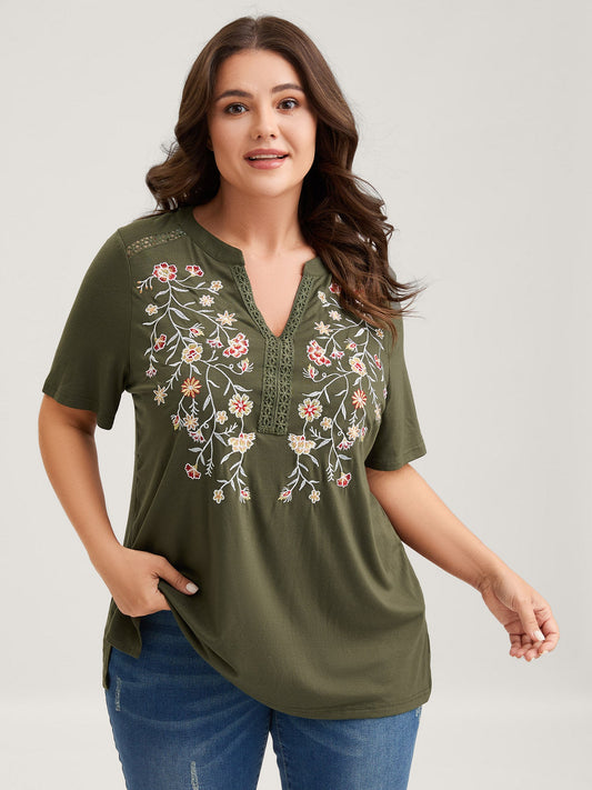 Floral Embroidery Lace Trim T-Shirt