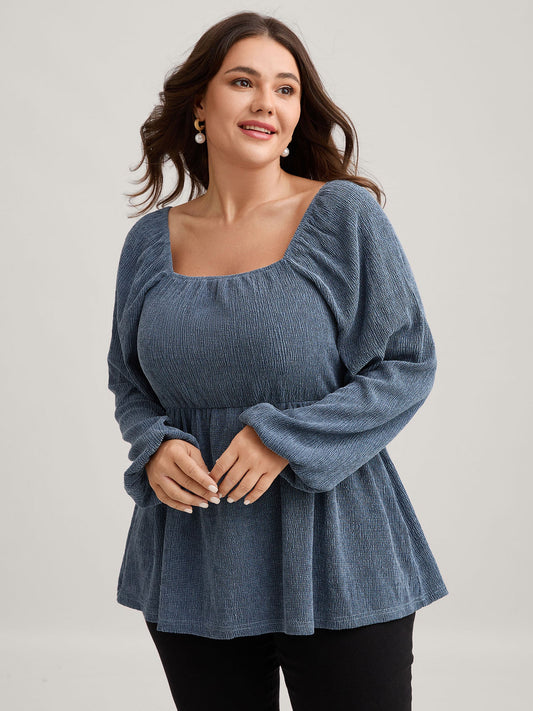 Ribbed Gathered Square Neck Knit Top