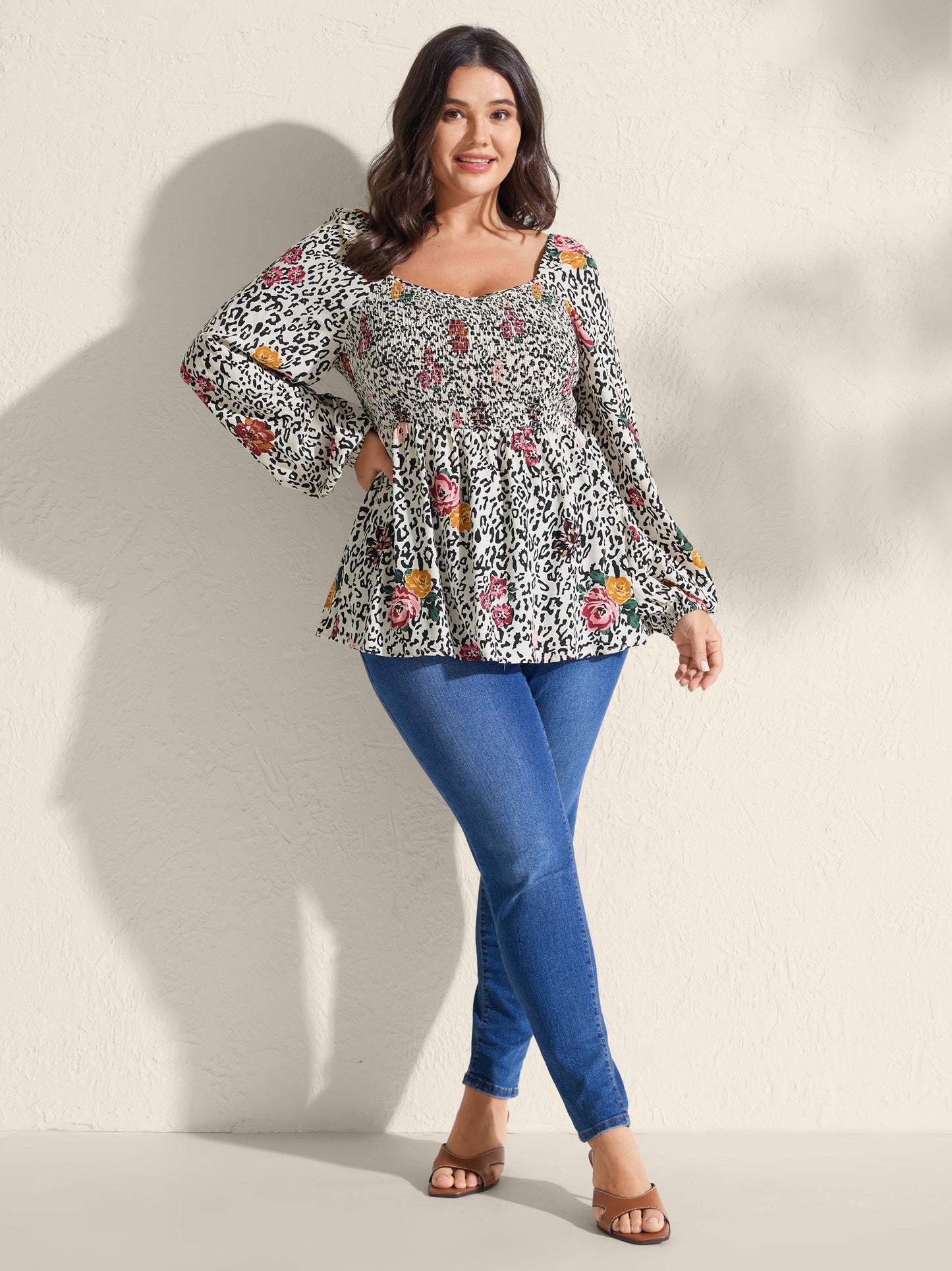 Leopard Floral Print Shirred Blouse