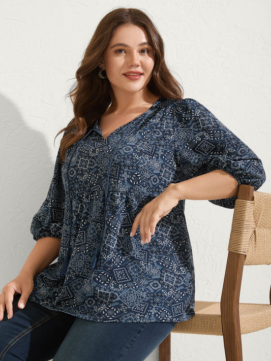 Boho Print Neck Tie Lantern Sleeve Blouse