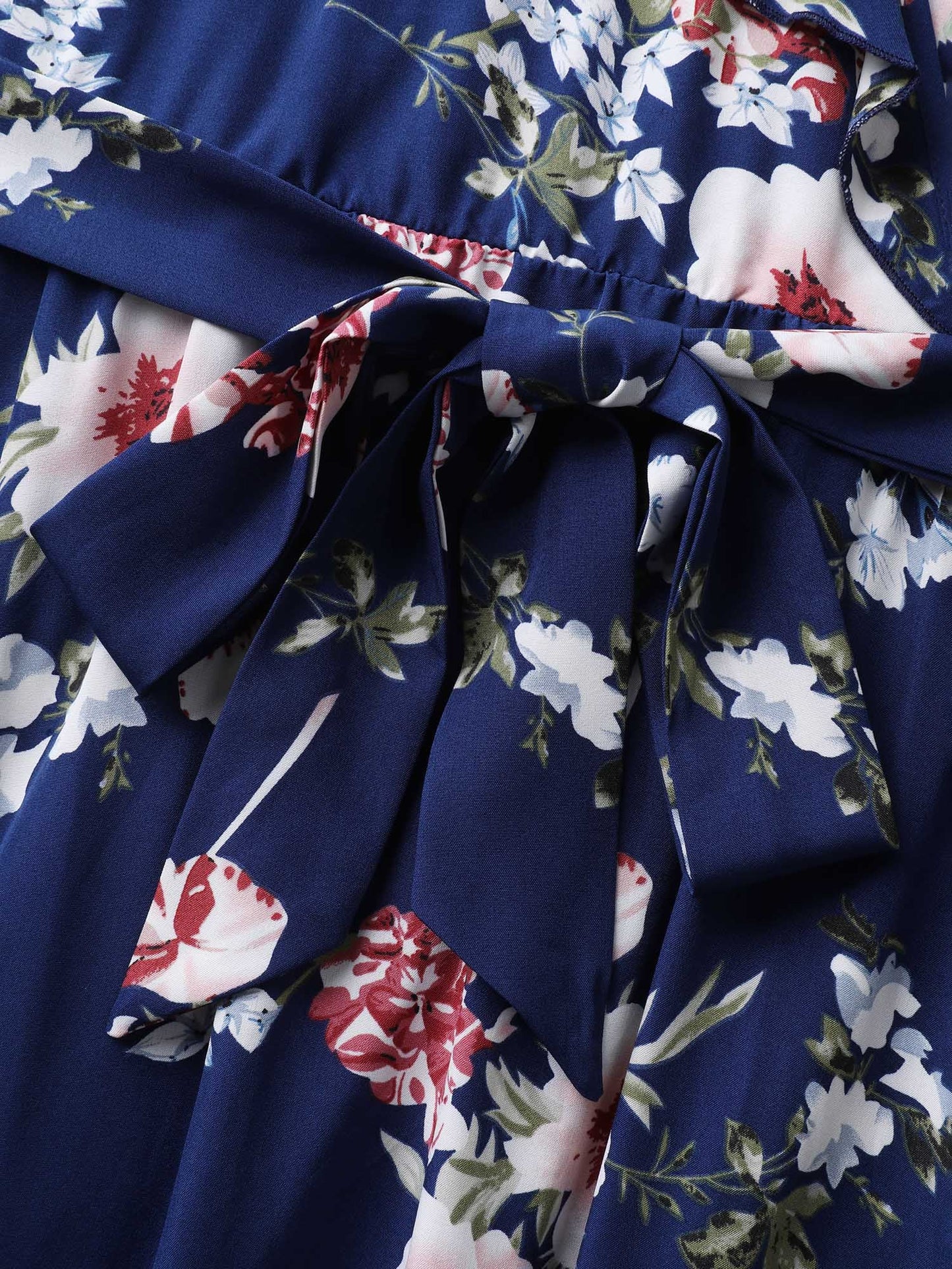 Floral Belted Waist Ruffled Pockets Midi Dress