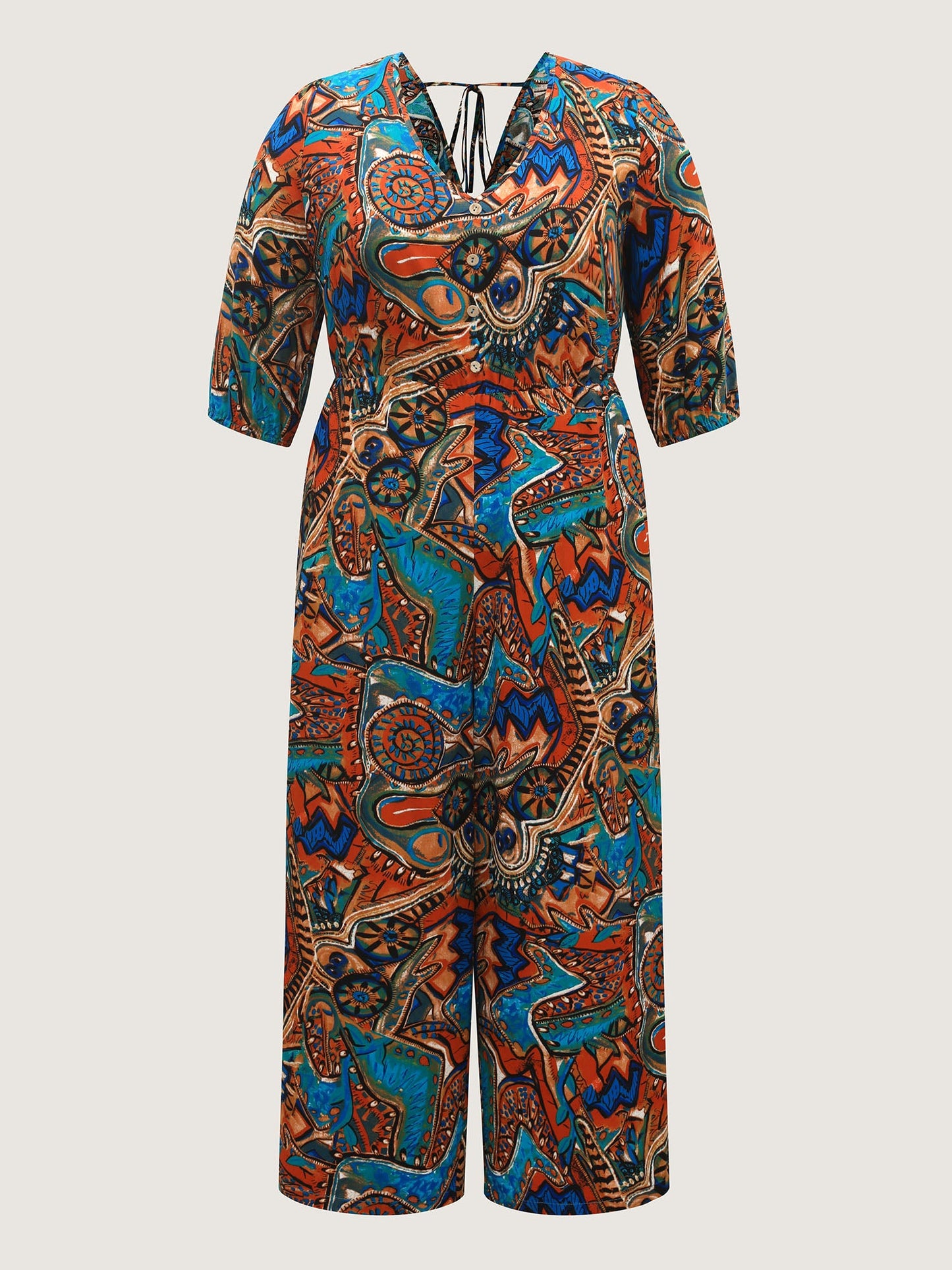Graffiti Print Pockets Backless Tie Jumpsuit