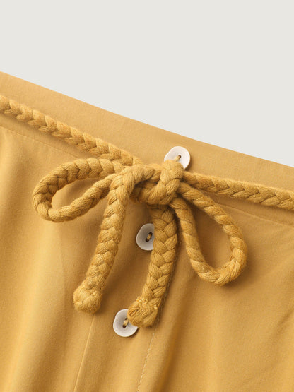 Waist-Tie Ornaments Button Detail Wide-Leg Pants