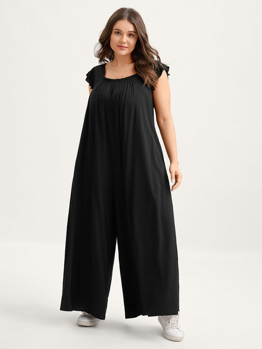 Rayon Shirred Flutter Sleeve Pockets Jumpsuit