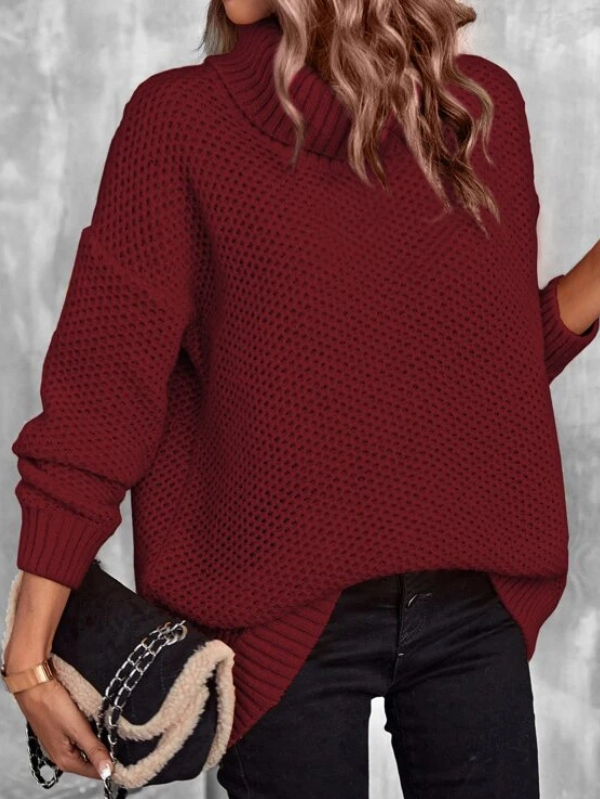 Turtleneck Drop Shoulder Pointelle Knit Sweater