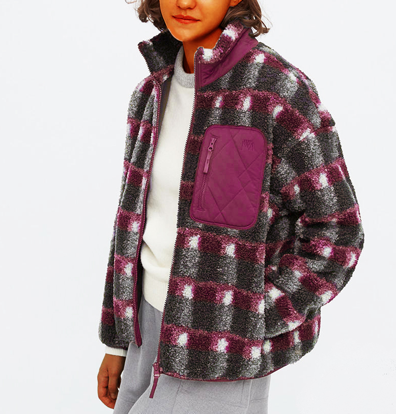 Fleece printed jacket with stand-up collar and long sleeves