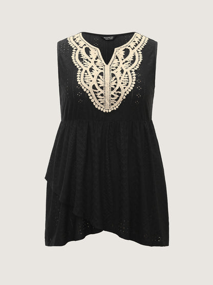 Textured Floral Lace Neck Long Tank Top